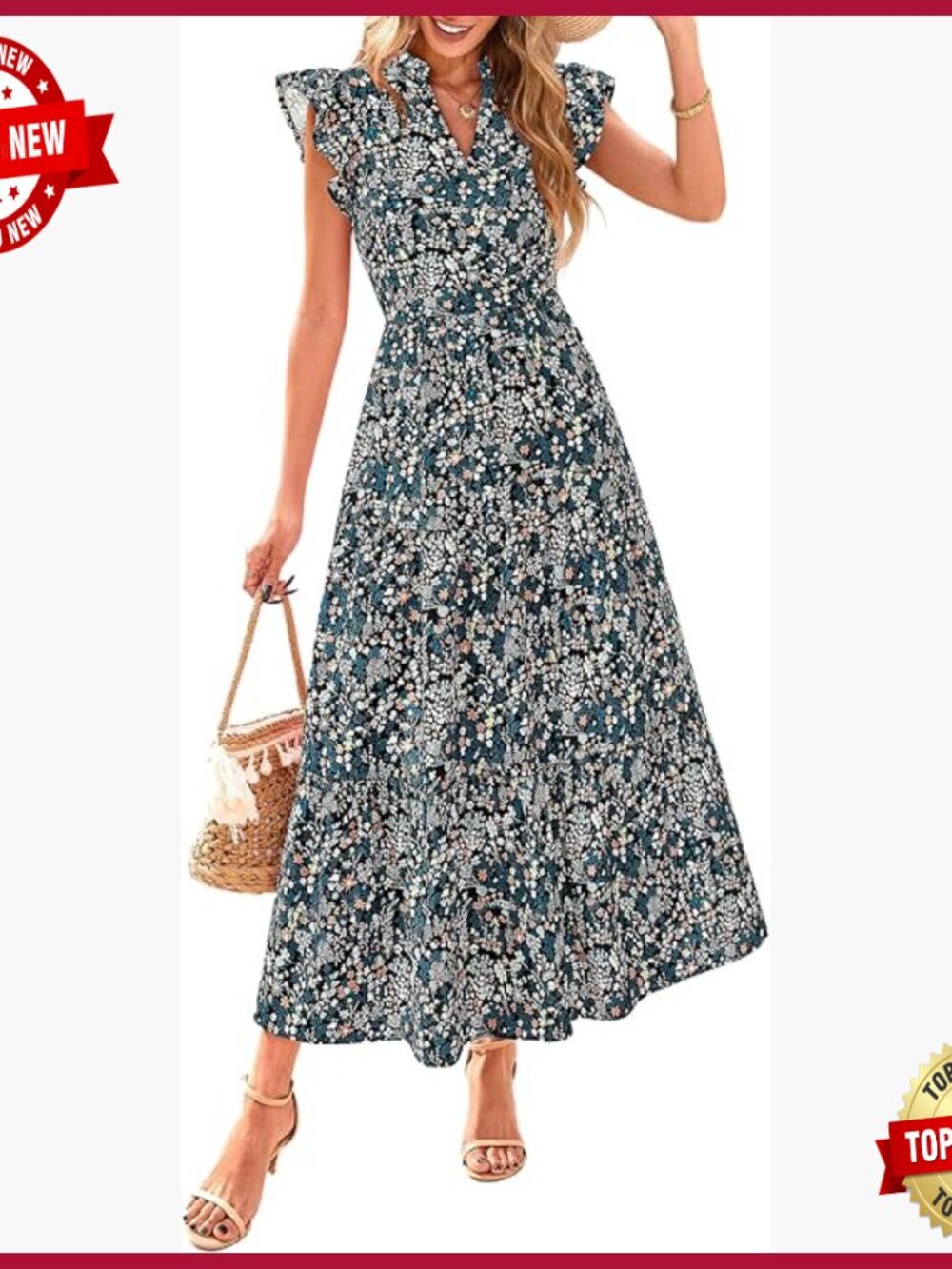 Floral Midi Dress with Pockets, V-Neck, Cap Sleeve, A-Line, Boho Style